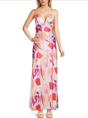 Pear Culture Floral Open Back Maxi Dress Pink Multicolor Size Small